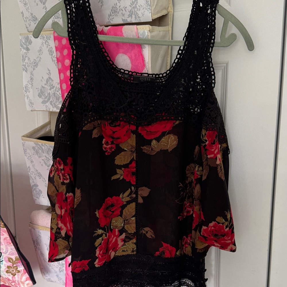 Guess Black and Red Floral Lace Blouse